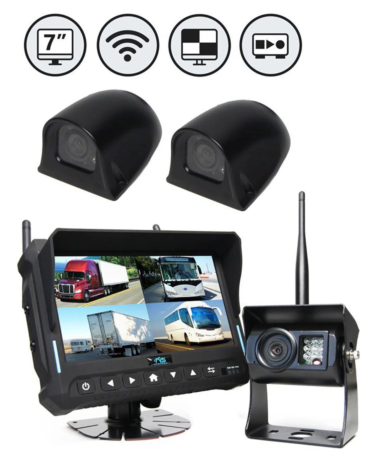 Rear View Safety Wireless Backup Camera System | 7" Quad View Display with Built-in DVR