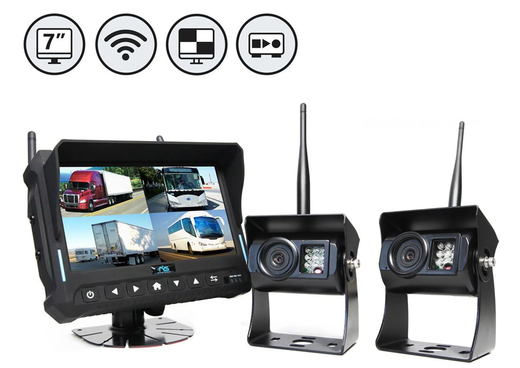 Rear View Safety Wireless Backup Camera System | 7" Quad View Display with Built-in DVR