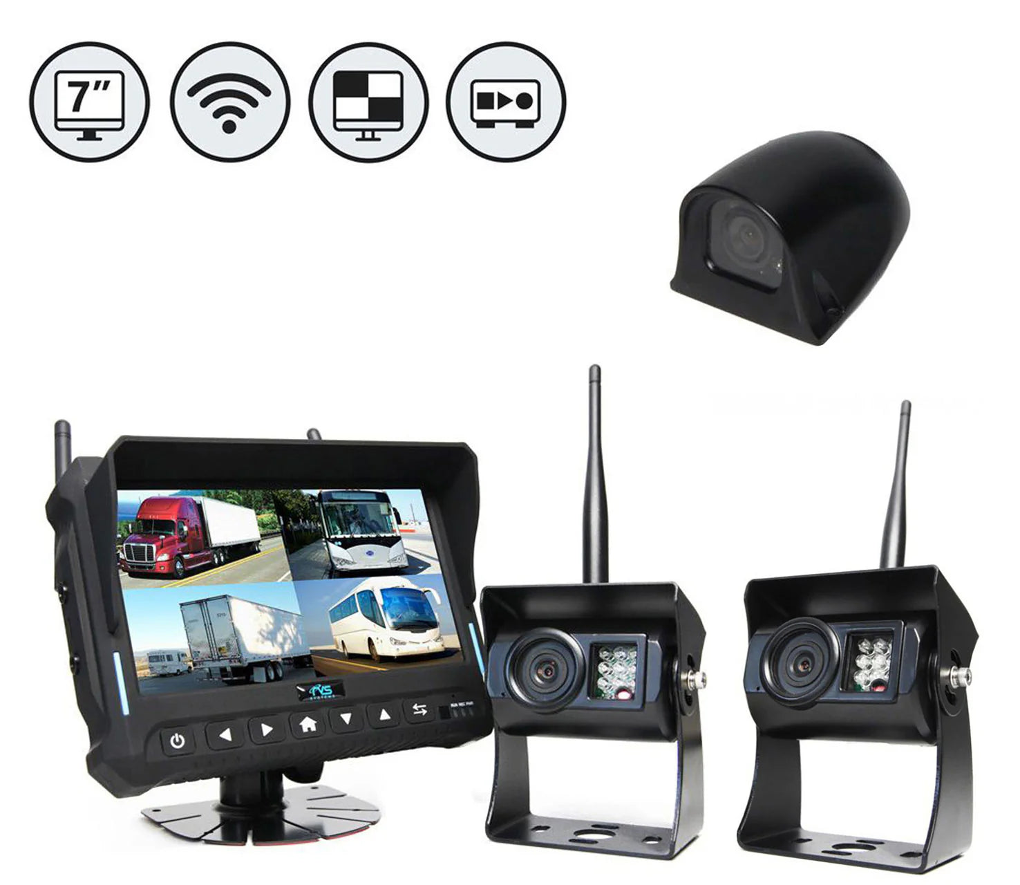Rear View Safety Wireless Backup Camera System | 7" Quad View Display with Built-in DVR