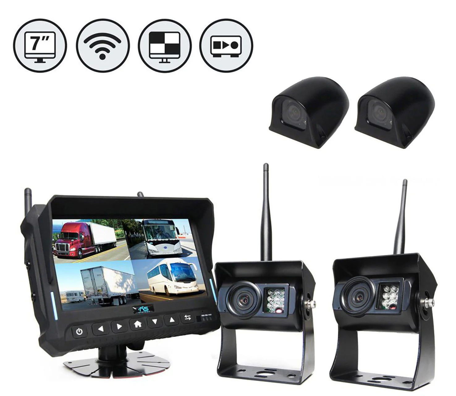 Rear View Safety Wireless Backup Camera System | 7" Quad View Display with Built-in DVR