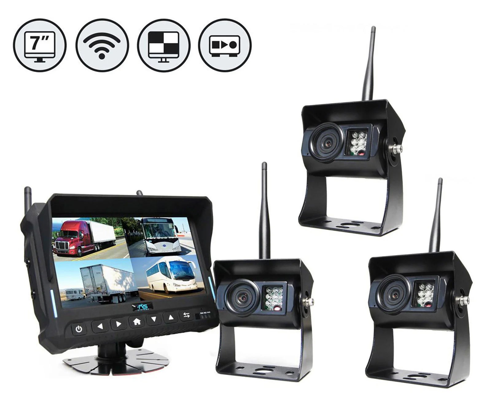 Rear View Safety Wireless Backup Camera System | 7" Quad View Display with Built-in DVR