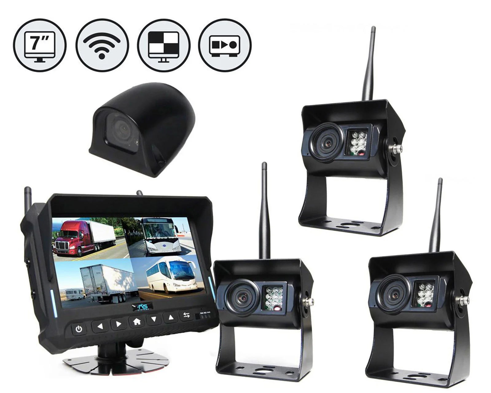 Rear View Safety Wireless Backup Camera System | 7" Quad View Display with Built-in DVR