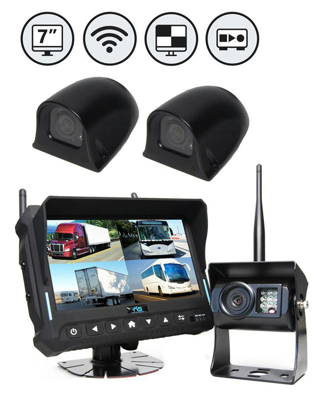 7" QV Monitor w/DVR (Loose Wire), Both Side Cameras, Suction Cup