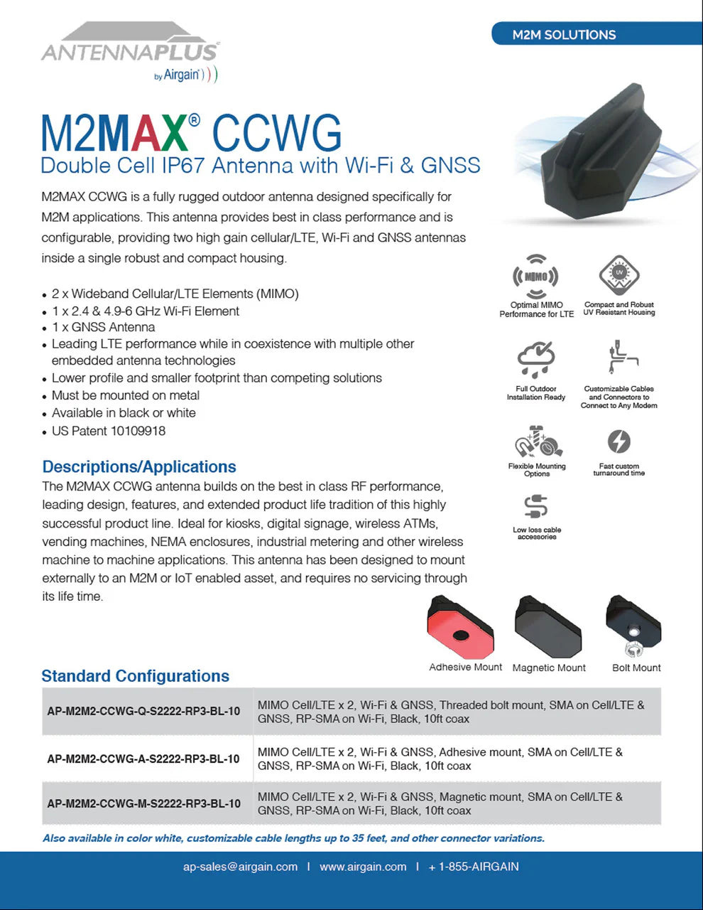 Airgain Antenna Plus Double LTE Antenna 15ft, Black - AP-CCWG-A-S2222-RP3-BL, 2xLTE(SMA), WiFi(RPSMA), GPS(SMA), Bolt Mount