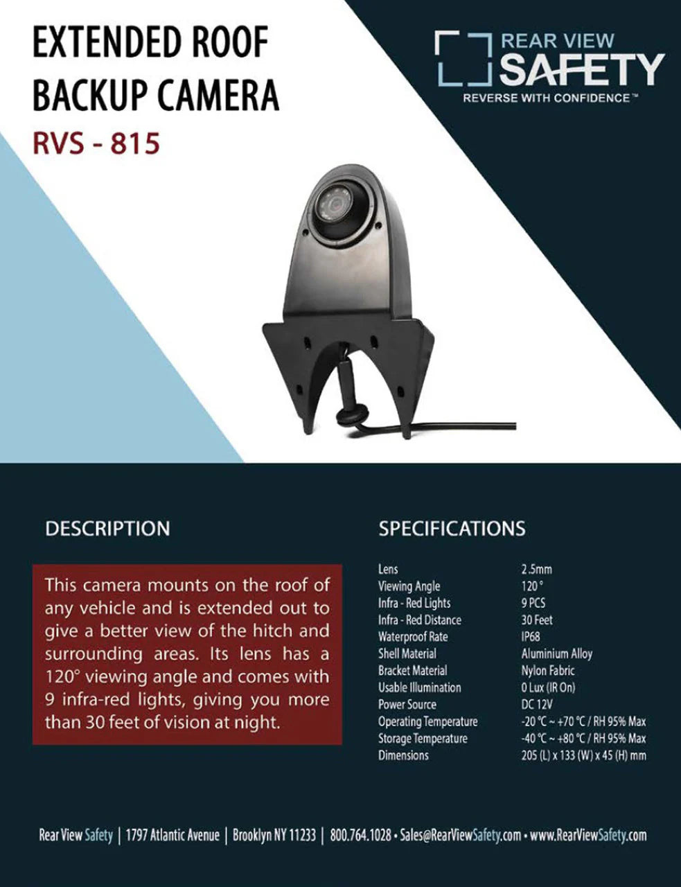 Rear View Safety Extended Roof Backup Camera (RVS-815)