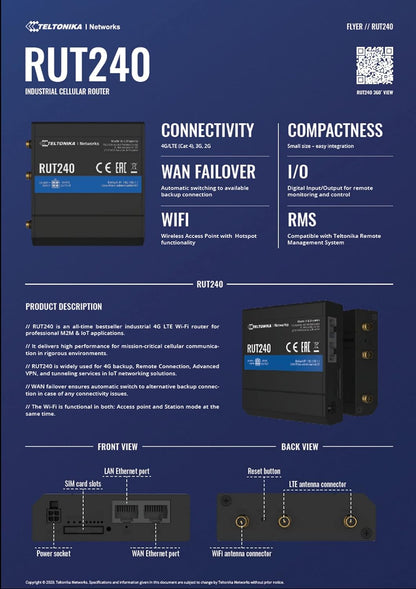 Teltonika RUT240 4G /LTE &amp; WiFi Cellular Router with Ethernet and I/O - Verizon - RUT24002U000