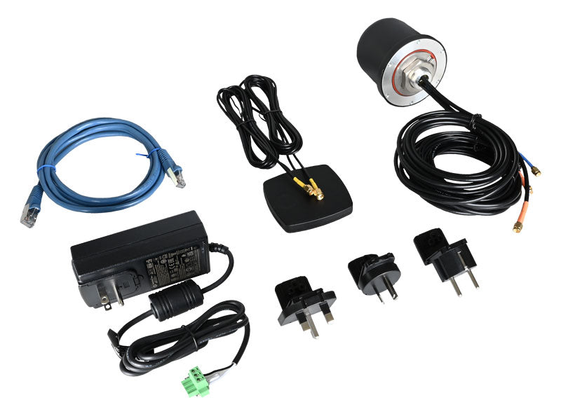 TX54-A146 and TX54-A106 4G accessory kit to aid in initial evaluation. Contains: AC/DC Power Supply, 12Vdc; US, EU, UK Power Cords; Ethernet Cable; Cellular Dome Antenna, 2x2 MIMO with GNSS; WiFi Patch Antenna 2x2 MIMO