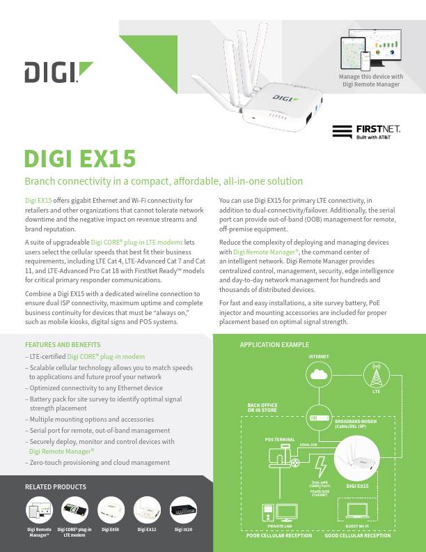 Digi EX15 - 2 port GigE; RF-45 RS232, US, No Wi-Fi; CAT 7; LTE-A / HSPA; AT&amp;T, Verizon, Sprint; PTCRB